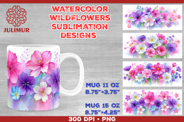 Watercolor Wildflowers Mug Wrap Sublimation Designs