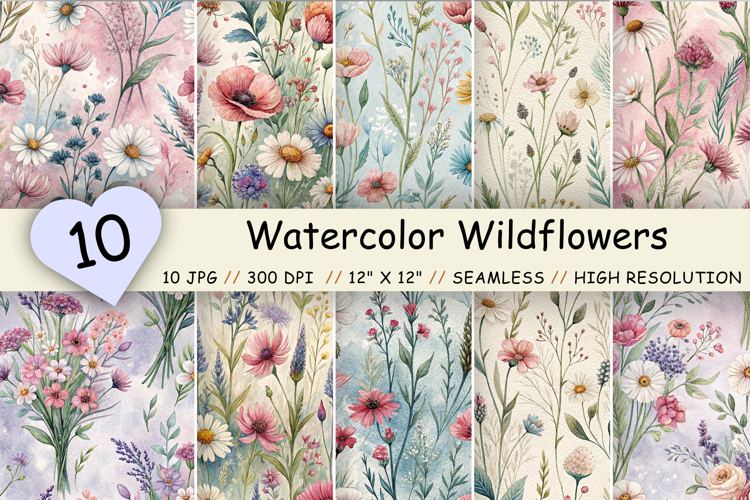 Watercolor Wildflowers Seamless Pattern, Soft Botanical