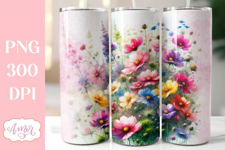 Watercolor wildflowers tumbler wrap PNG for sublimation