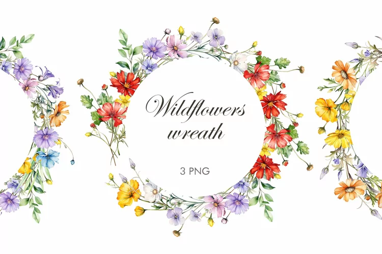 Watercolor wildflowers wreath clipart