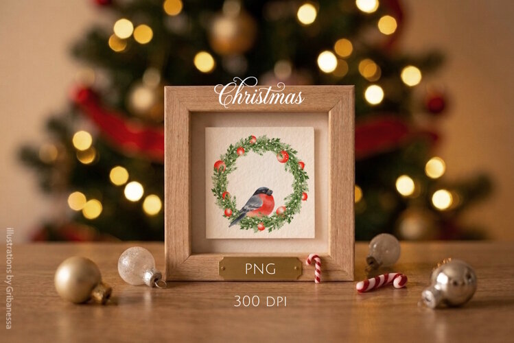 Christmas wreath with bullfinch. Watercolor example image 1