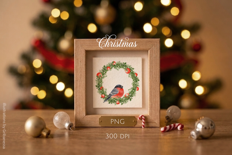 Christmas wreath with bullfinch. Watercolor