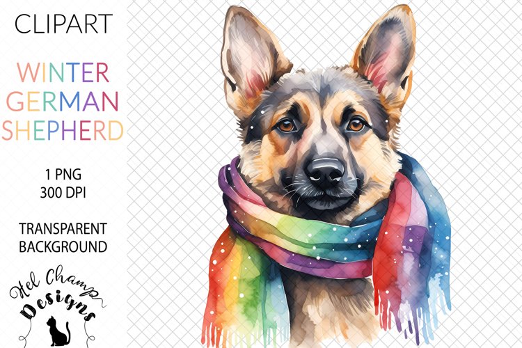 Watercolor winter cute german shepherd dog rainbow sublimation clipart transparent png