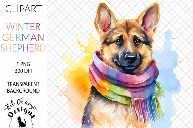 Watercolor Winter German Shepherd #2 | Clipart | Sublimation