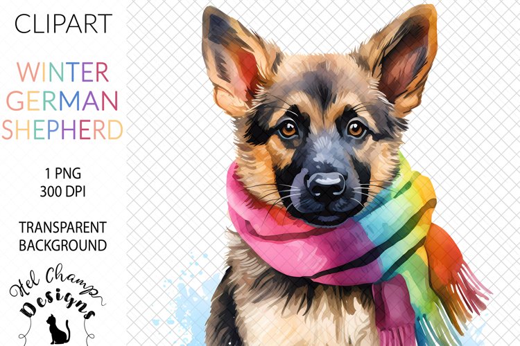 Watercolor winter cute german shepherd dog rainbow sublimation clipart transparent png