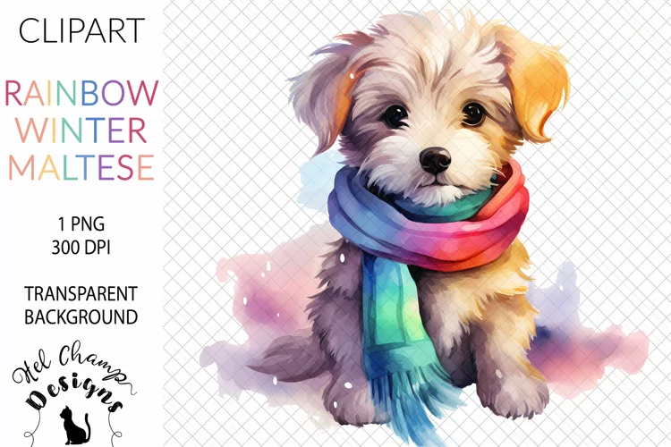 Watercolor Rainbow Maltese Dog #2 | Clipart | Sublimation