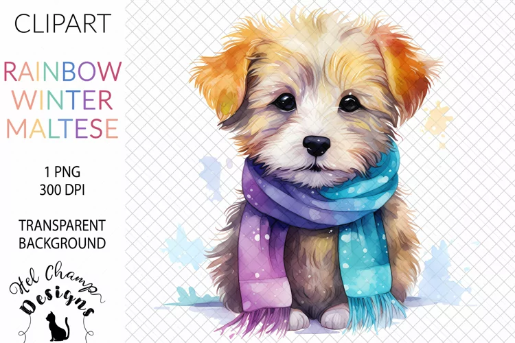 Watercolor Rainbow Maltese Dog #3 | Clipart | Sublimation
