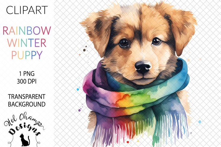 Watercolor winter cute puppy rainbow sublimation clipart transparent png