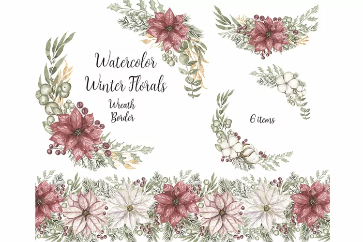 Watercolor Winter Wreaths and Border Set