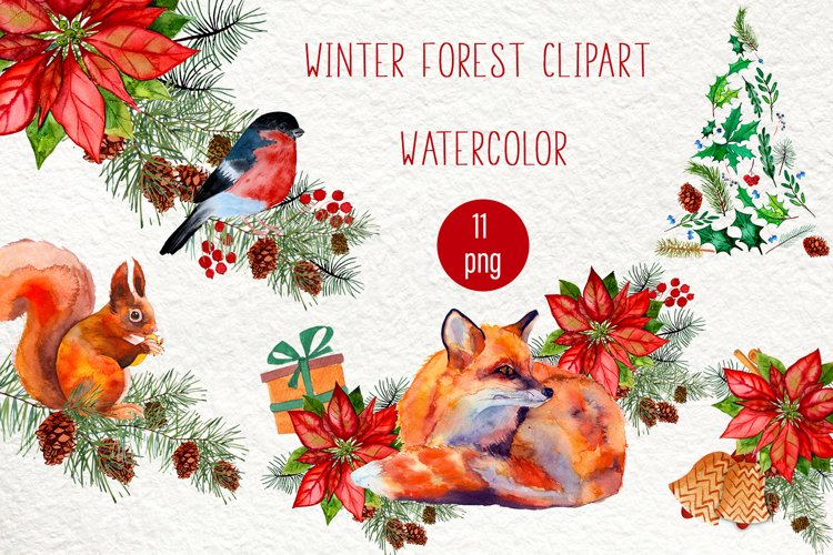 Watercolor Winter Forest Clipart example image 1