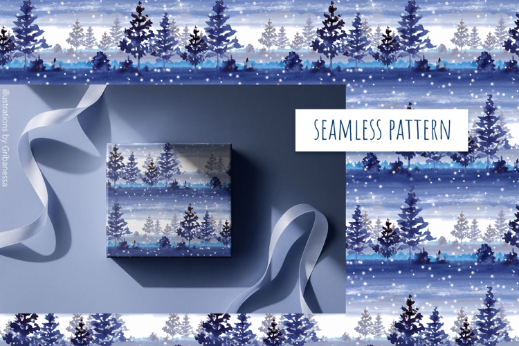Watercolor Winter Forest Seamless Pattern
