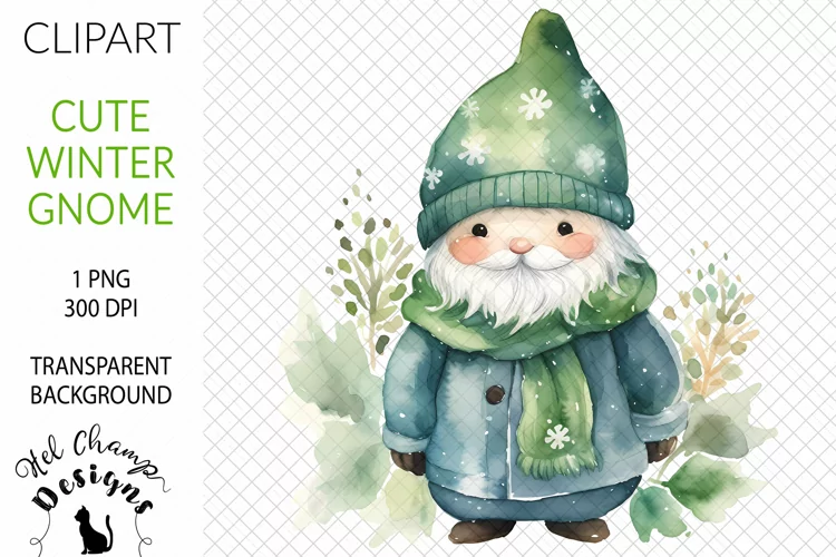 Watercolor Winter Gnome Green #3 | Clipart | Sublimation