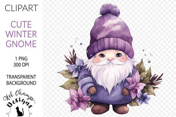 Watercolor winter gnome purple sublimation clipart transparent png