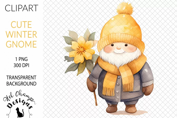 Watercolor Winter Gnome Yellow #3 | Clipart | Sublimation