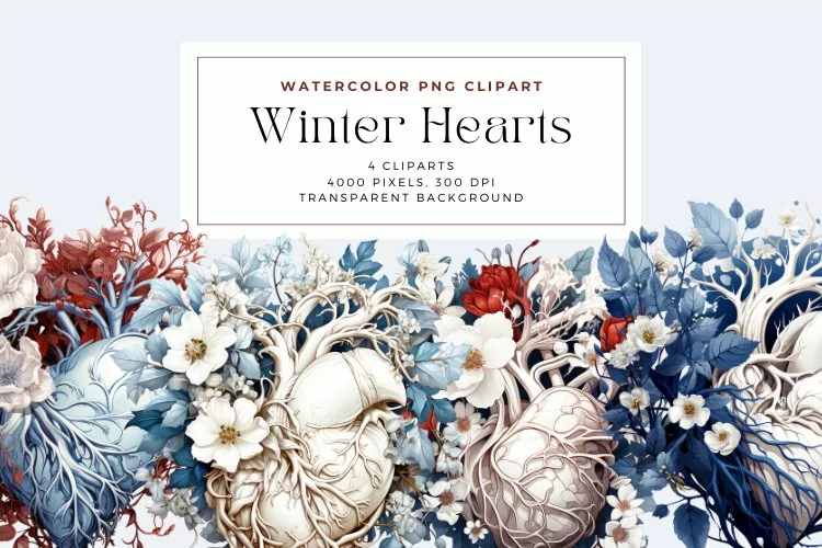 4 Watercolor Winter Hearts Clipart