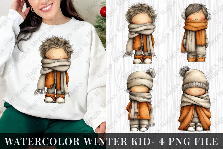 Watercolor Winter kid Clipart Sublimation