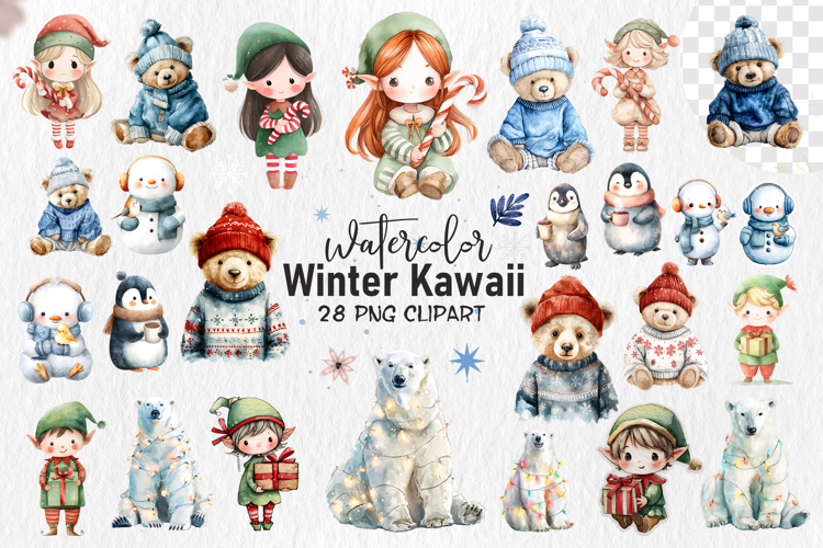 Watercolor Winter Kweii Clipart - 28 PNG Characters