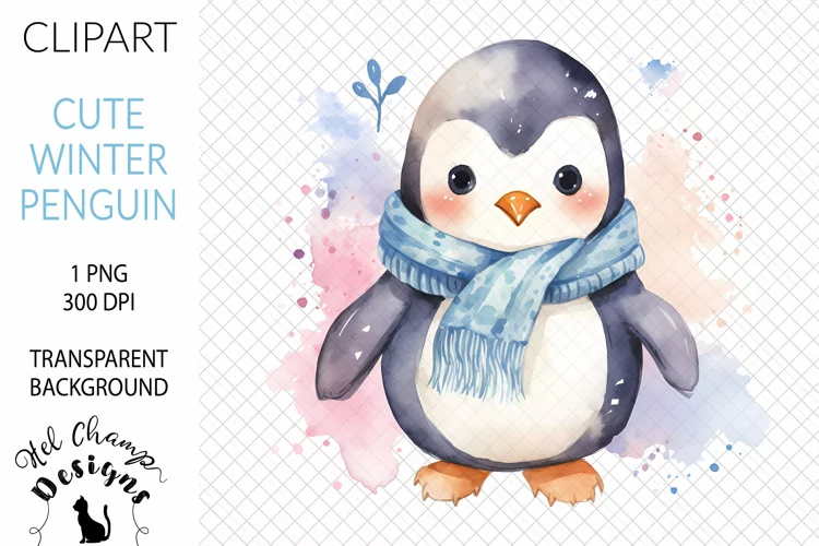 Watercolor Winter Penguin Blue #1 | Clipart | Sublimation