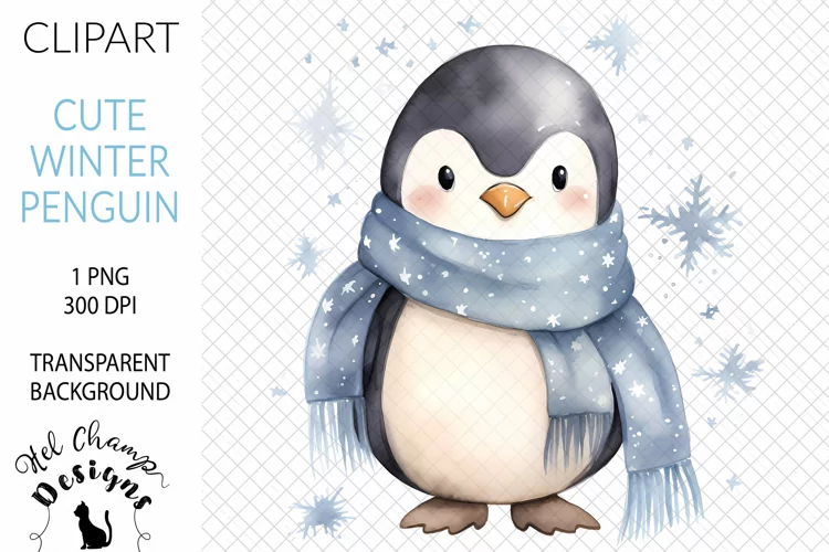 Watercolor Winter Penguin Blue #3 | Clipart | Sublimation
