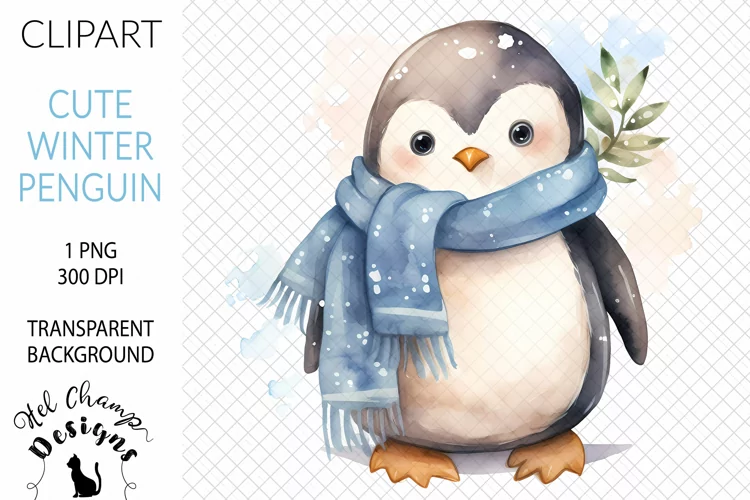 Watercolor Winter Penguin Blue #2 | Clipart | Sublimation