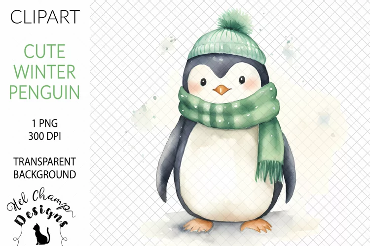 Watercolor Winter Penguin Green #2 | Clipart | Sublimation