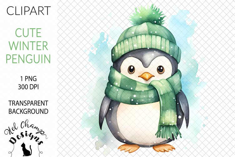 Watercolor Winter Penguin Green #3 | Clipart | Sublimation