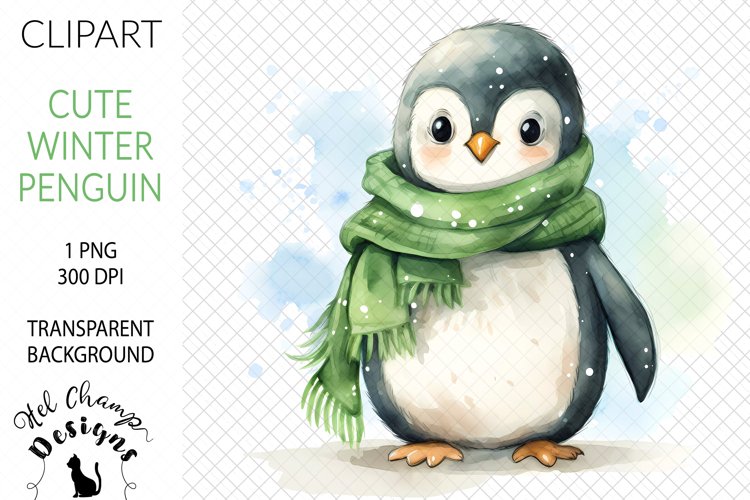 Watercolor Winter Penguin Green #1 | Clipart | Sublimation