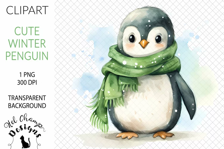 Watercolor Winter Penguin Green #1 | Clipart | Sublimation