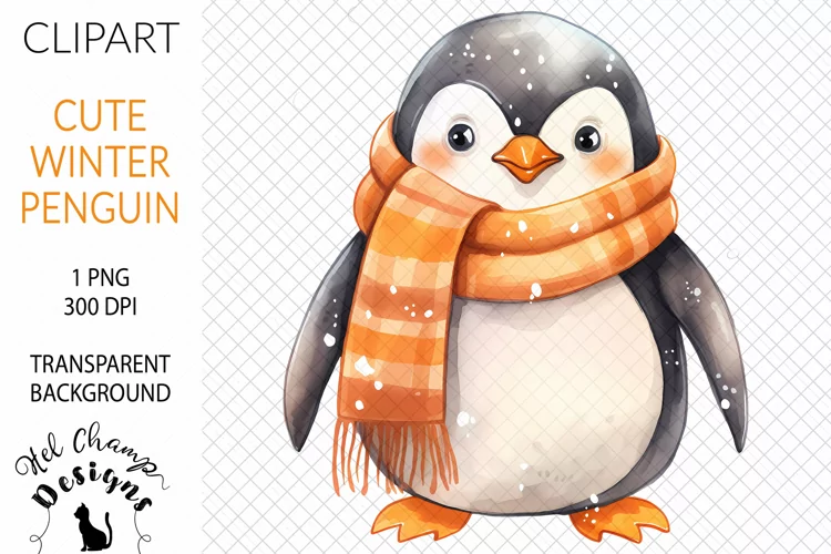 Watercolor Winter Penguin Orange #1 | Clipart | Sublimation