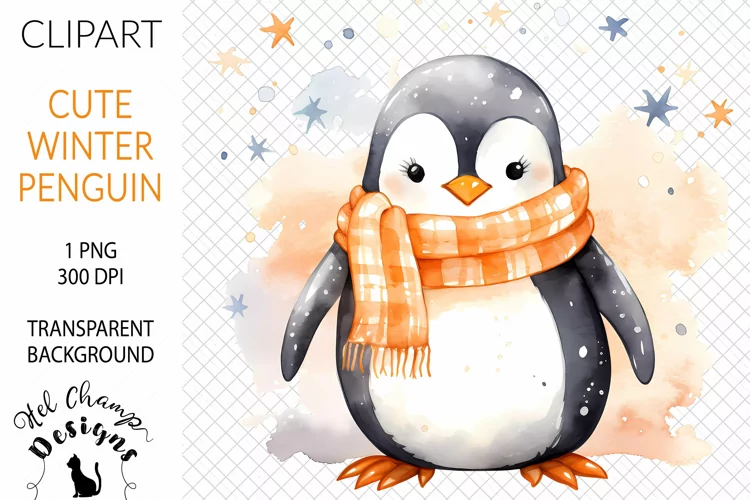 Watercolor Winter Penguin Orange #2 | Clipart | Sublimation