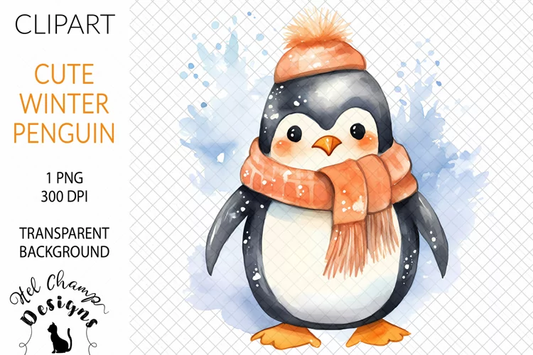 Watercolor Winter Penguin Orange #3 | Clipart | Sublimation