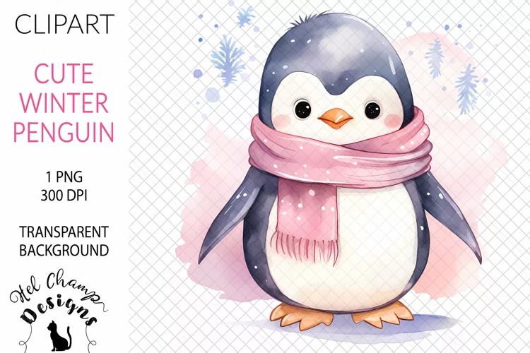 Watercolor Winter Penguin Pînk #2 | Clipart | Sublimation