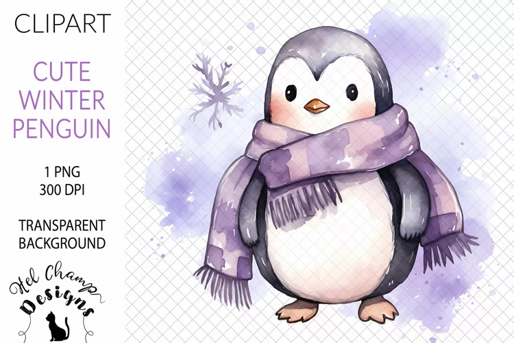 Watercolor Winter Penguin Purple #1 | Clipart | Sublimation