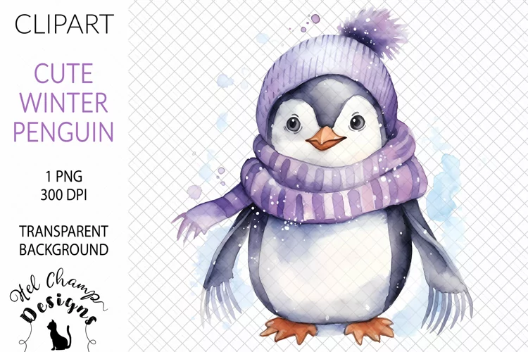 Watercolor Winter Penguin Purple #2 | Clipart | Sublimation