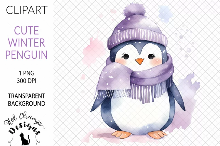 Watercolor Winter Penguin Purple #3 | Clipart | Sublimation