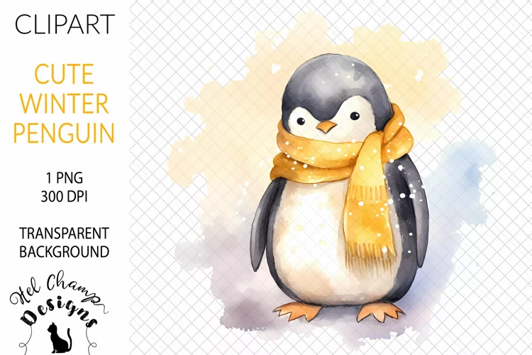 Watercolor Winter Penguin Yellow #1 | Clipart | Sublimation