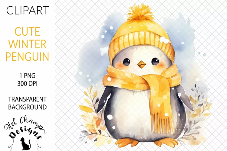 Watercolor Winter Penguin Yellow #3 | Clipart | Sublimation