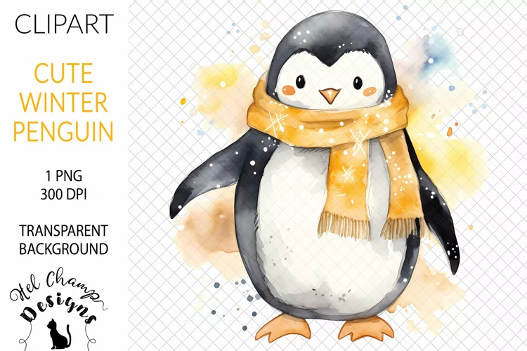 Watercolor Winter Penguin Yellow #2 | Clipart | Sublimation