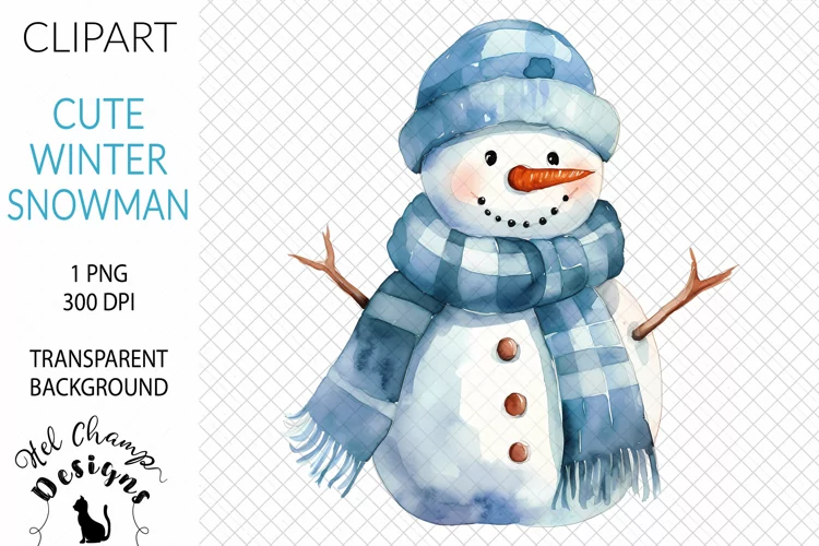 Watercolor Snowman Blue #3 | Clipart | Sublimation