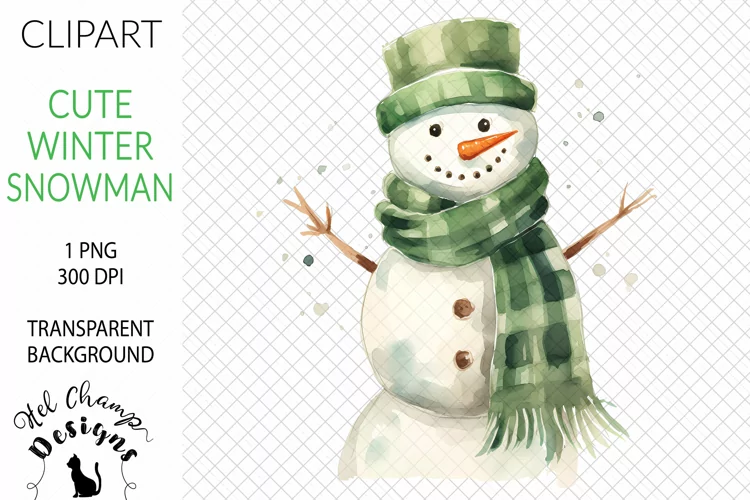 Watercolor Snowman Green #3 | Clipart | Sublimation