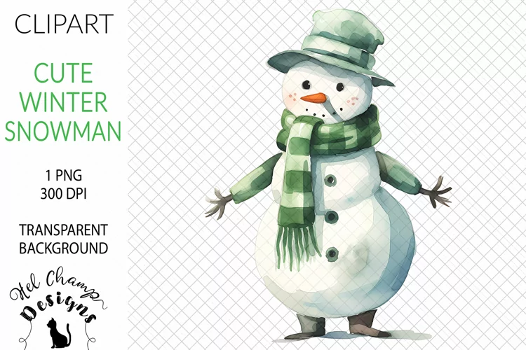 Watercolor Snowman Green #2 | Clipart | Sublimation