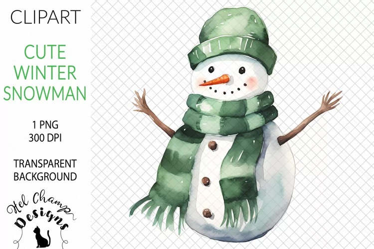 Watercolor Snowman Green #1 | Clipart | Sublimation