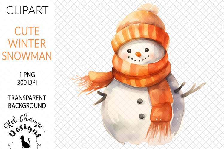 Watercolor winter snowman orange scarf hat sublimation clipart transparent