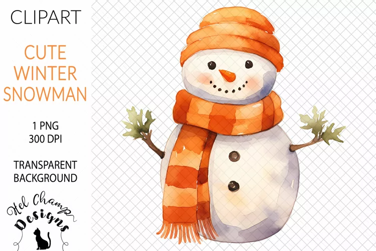 Watercolor Snowman Orange #1 | Clipart | Sublimation