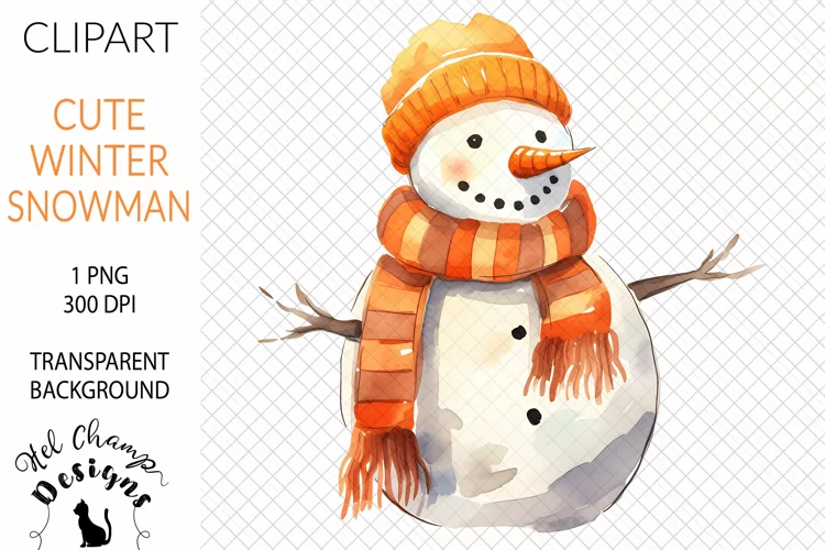 Watercolor Snowman Orange #3 | Clipart | Sublimation