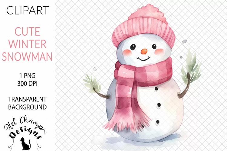 Watercolor Snowman Pink #2 | Clipart | Sublimation