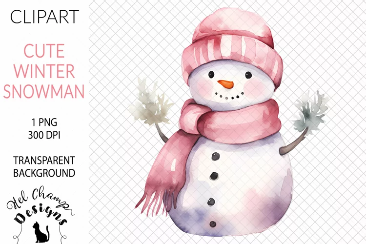 Watercolor Snowman Pink #1 | Clipart | Sublimation
