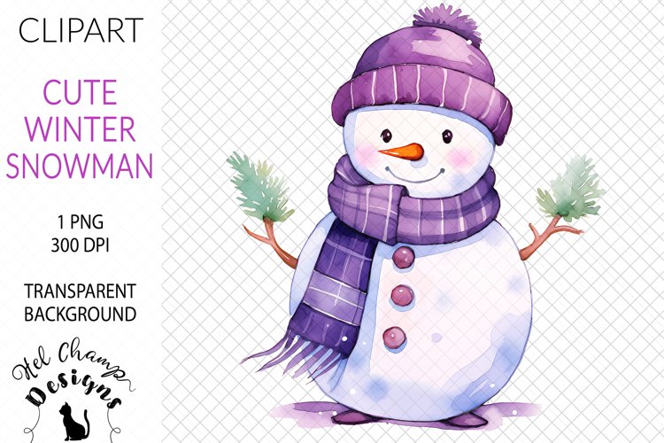 Watercolor winter snowman purple scarf hat sublimation clipart transparent