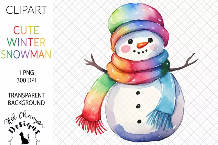 Watercolor Winter Snowman Rainbow #4 | Clipart | Sublimation