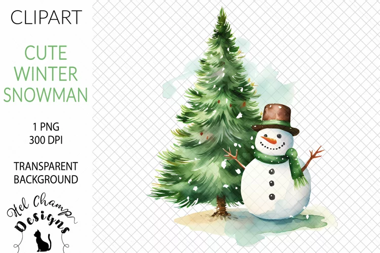 Watercolor Snowman with Tree #1 | Clipart | Sublimation